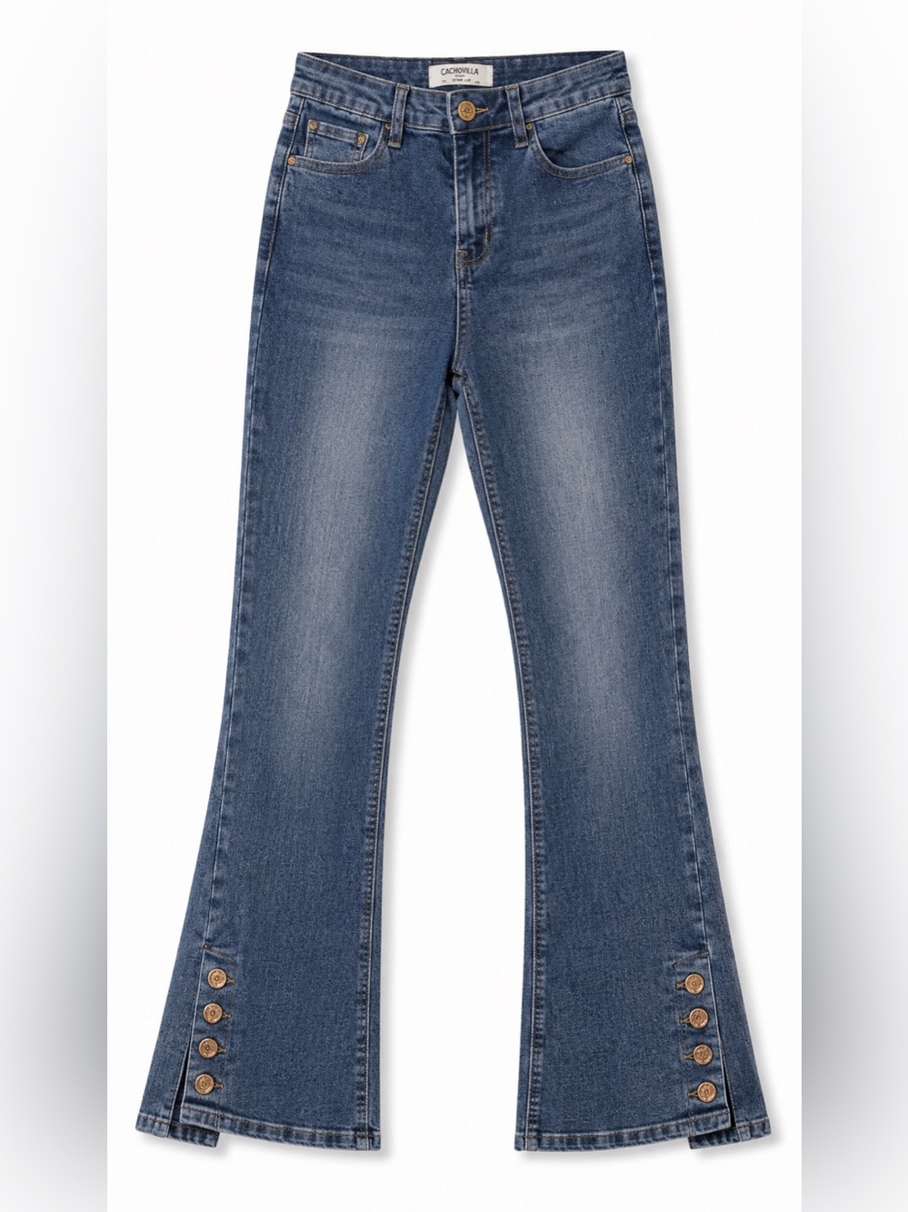 Notations High-Rise Flare Jeans in Dark Blue with Button Hem